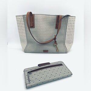 Vintage Fossil Beige and Brown Tote Hand Bag (11"x 12"x 5.5") with Wallet Purse